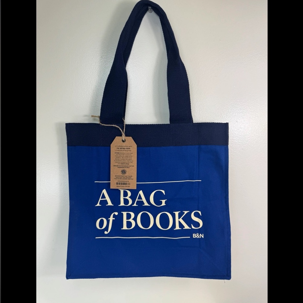 NWT Barnes & Noble A Bag Of Books Cotton Canvas Tote Bag, Fair Trade, blue